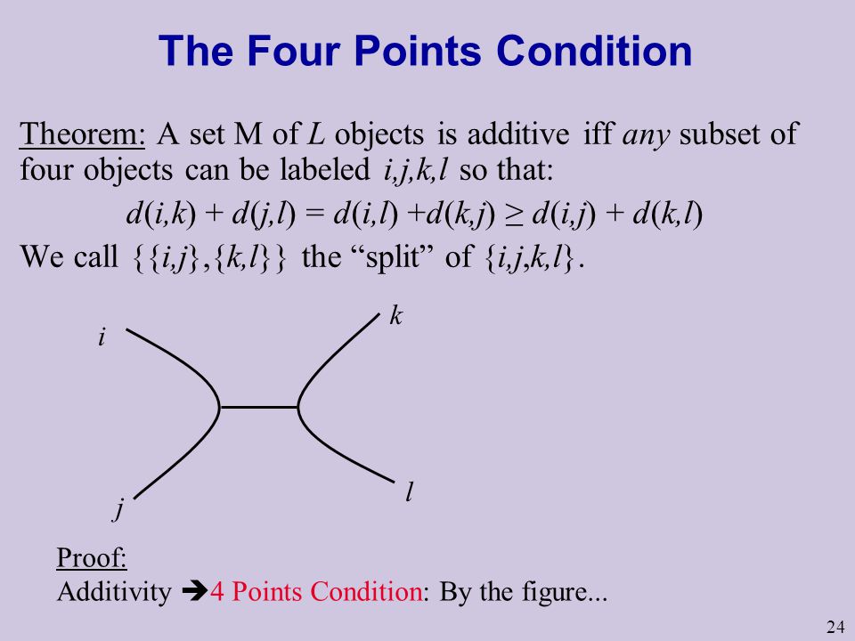 24 The Four Points Condition Theorem: A set M of L objects is additive iff any subset of four objects can be labeled i,j,k,l so that: d(i,k) + d(j,l) = d(i,l) +d(k,j) ≥ d(i,j) + d(k,l) We call {{i,j},{k,l}} the split of {i,j,k,l}.