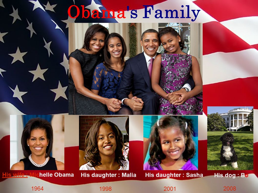 Obama s Family His wife : Michelle Obama 1964 His daughter : Malia 1998 His daughter : Sasha 2001 His dog : Bo 2008