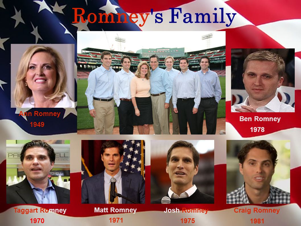 Romney s Family Ann Romney Taggart Romney 1970 Matt Romney Josh Romney 1978 Ben Romney 1981 Craig Romney 1949