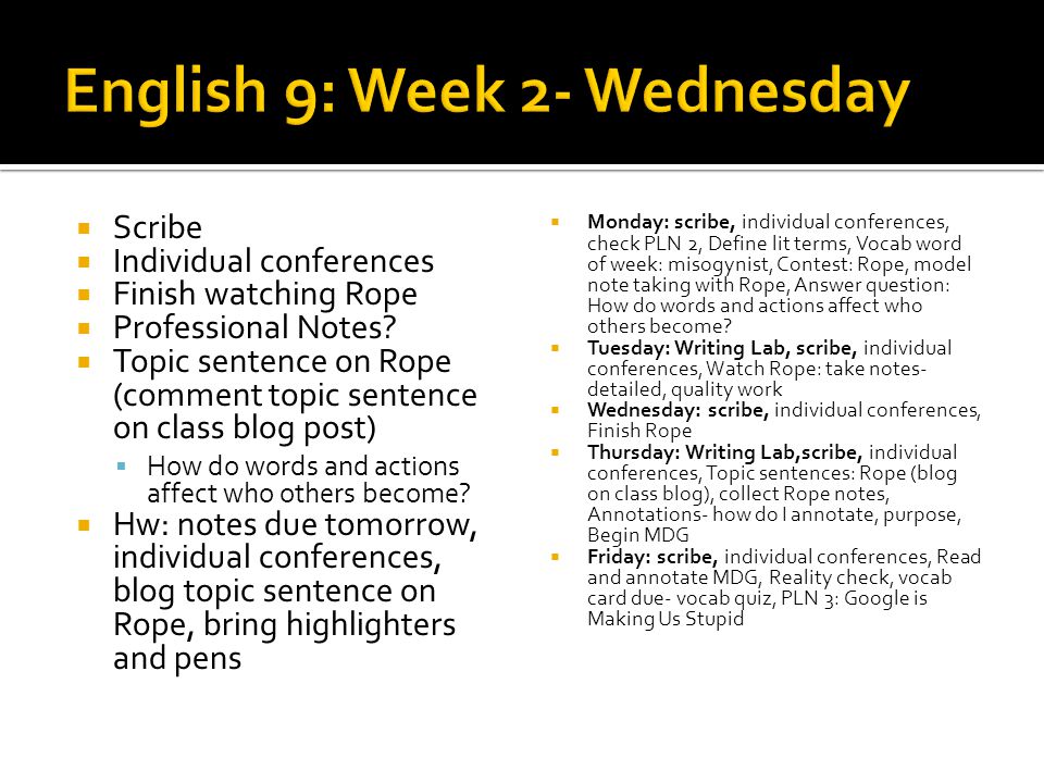  Scribe  Individual conferences  Finish watching Rope  Professional Notes.