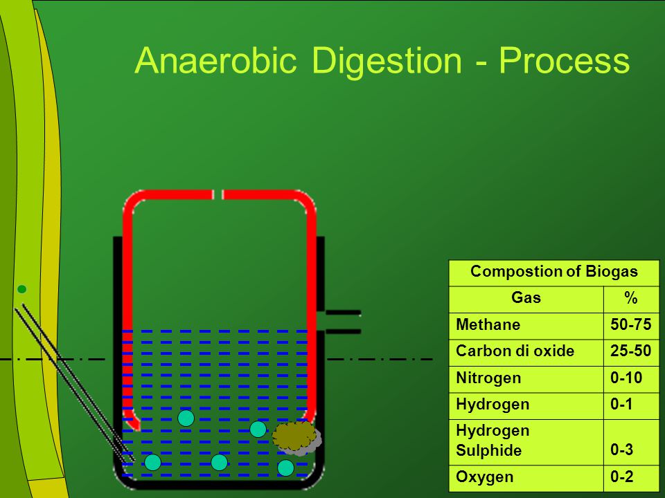 Click to edit Master title style Click to edit Master text styles Second level Third level Fourth level Fifth level 18 Compostion of Biogas Gas% Methane50-75 Carbon di oxide25-50 Nitrogen0-10 Hydrogen0-1 Hydrogen Sulphide0-3 Oxygen0-2 Anaerobic Digestion - Process