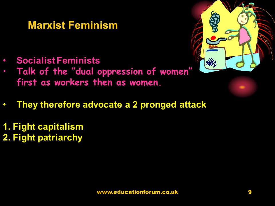 Marxist Feminists see the principle source of division in society to be class – the exploitation of women is essential for the continuation of capitalism The family produces and nurtures next generation workers at no cost to the capitalists – housework is unpaid labour Women are also a very useful source of cheap labour Ansley suggests that the family and women soak up male working class frustration instead of it being channelled against the capitalist system Marxism