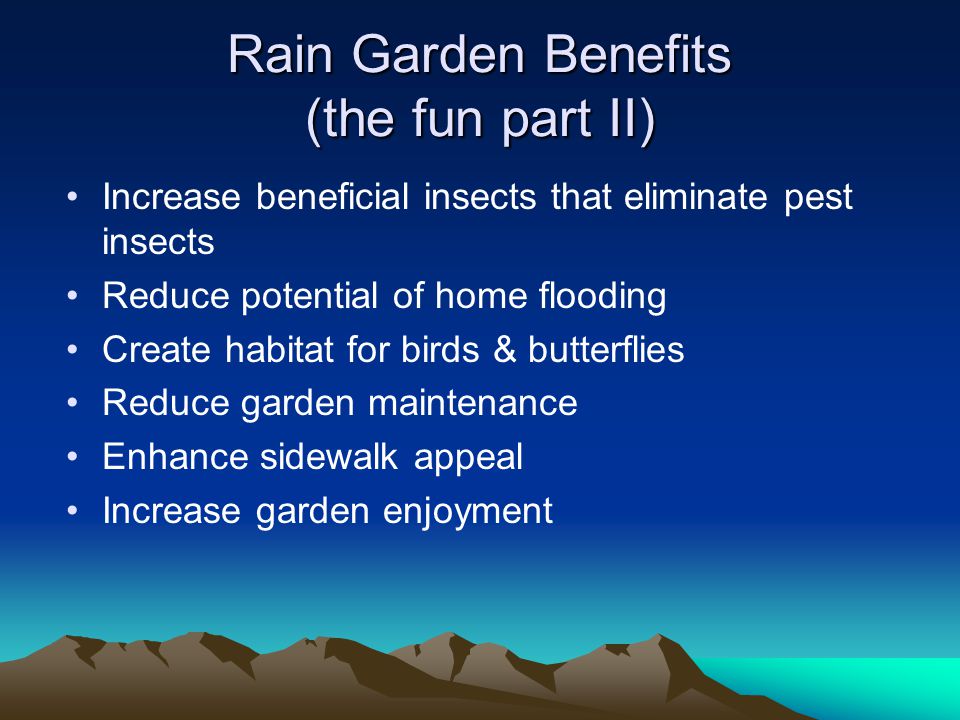 Rain Garden Benefits (the fun part II) Increase beneficial insects that eliminate pest insects Reduce potential of home flooding Create habitat for birds & butterflies Reduce garden maintenance Enhance sidewalk appeal Increase garden enjoyment