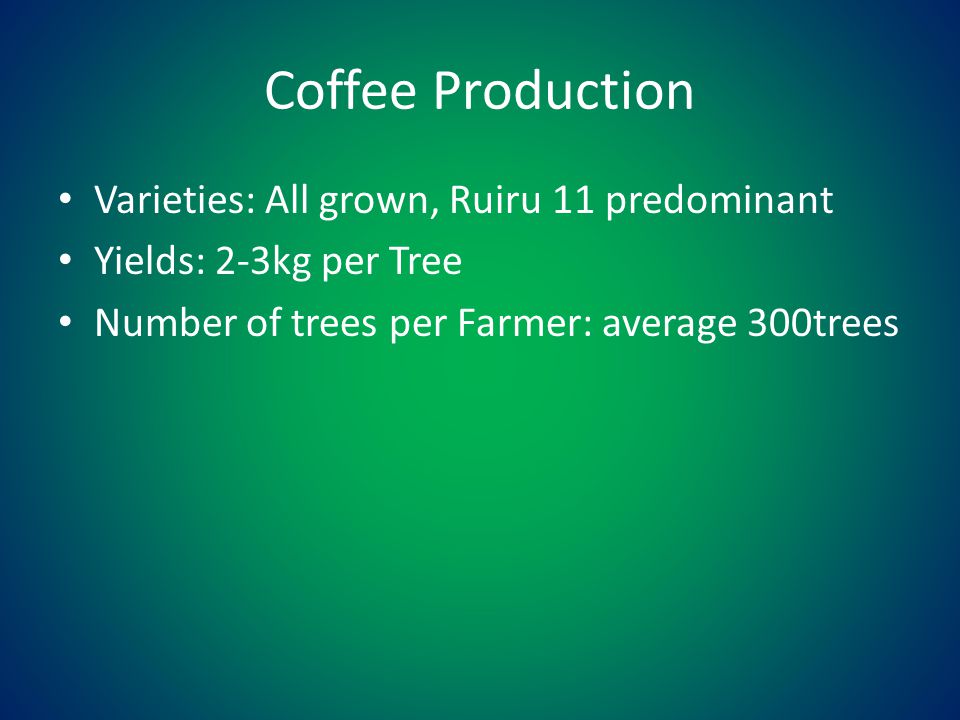 Coffee Production Varieties: All grown, Ruiru 11 predominant Yields: 2-3kg per Tree Number of trees per Farmer: average 300trees