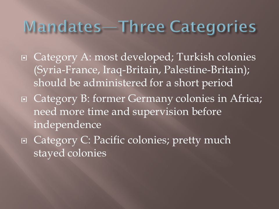  Category A: most developed; Turkish colonies (Syria-France, Iraq-Britain, Palestine-Britain); should be administered for a short period  Category B: former Germany colonies in Africa; need more time and supervision before independence  Category C: Pacific colonies; pretty much stayed colonies