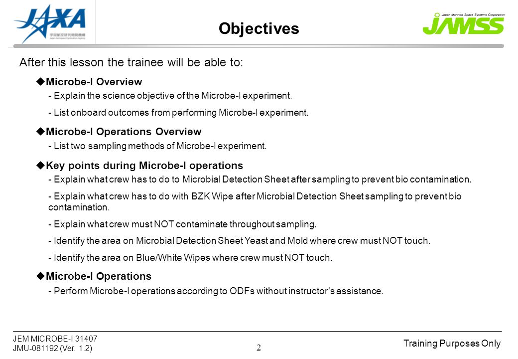 Training Purposes Only JEM MICROBE I JMU Ver 1 2 1 Notice