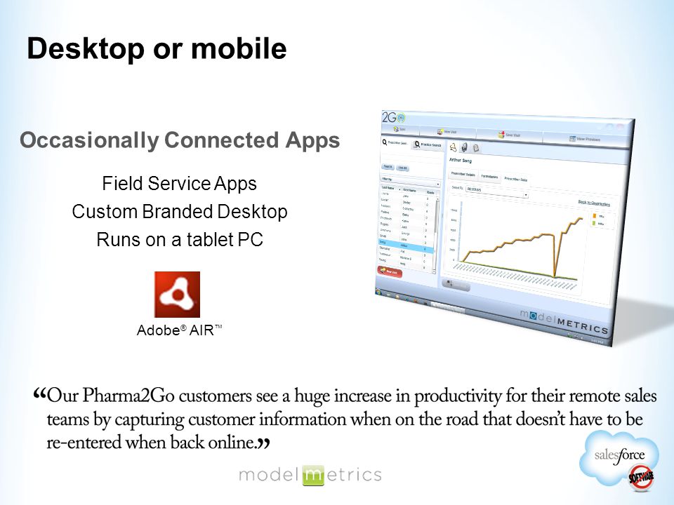 Desktop or mobile Field Service Apps Custom Branded Desktop Runs on a tablet PC Occasionally Connected Apps Adobe ® AIR ™