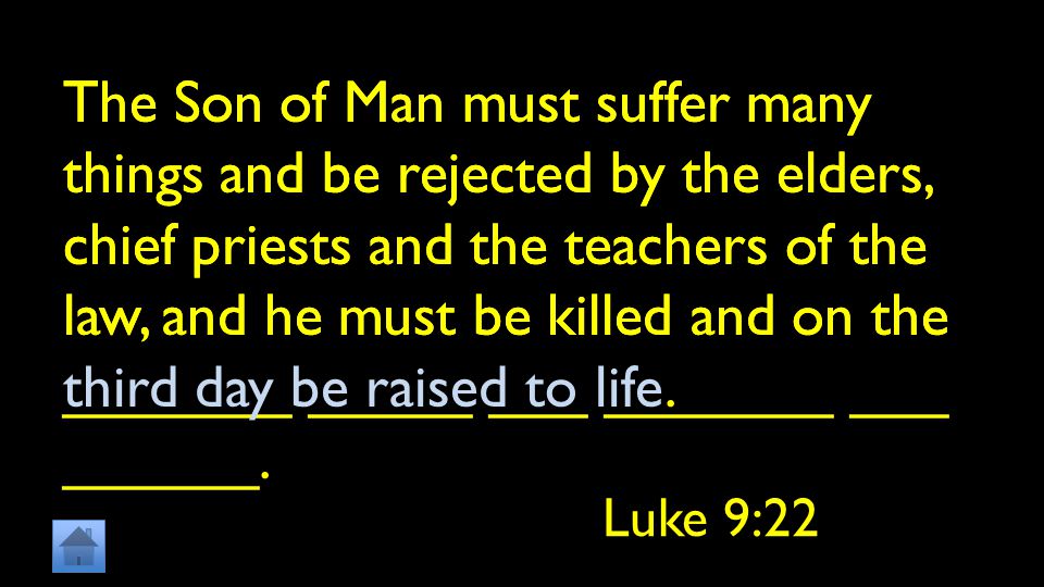 The Son of Man must suffer many things and be rejected by the elders, chief priests and the teachers of the law, and he must be killed and on the _______ _____ ___ _______ ___ ______.