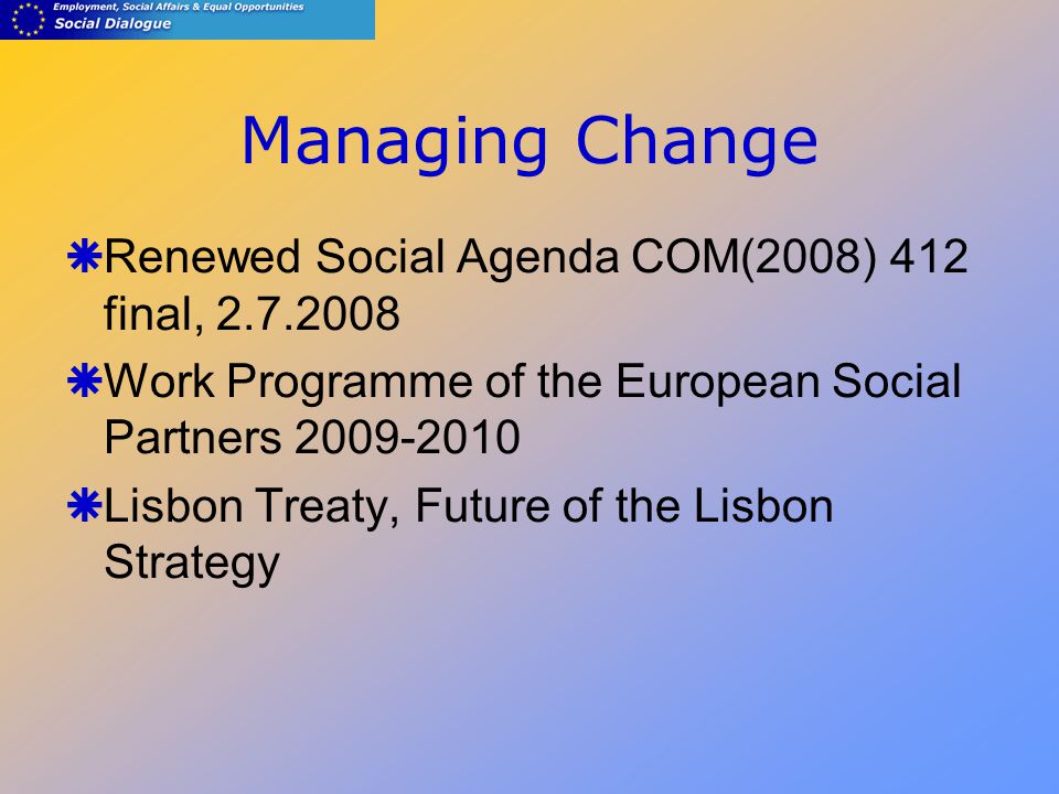 Managing Change  Renewed Social Agenda COM(2008) 412 final,  Work Programme of the European Social Partners  Lisbon Treaty, Future of the Lisbon Strategy