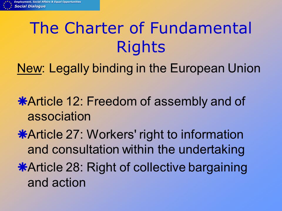 The Charter of Fundamental Rights New: Legally binding in the European Union  Article 12: Freedom of assembly and of association  Article 27: Workers right to information and consultation within the undertaking  Article 28: Right of collective bargaining and action