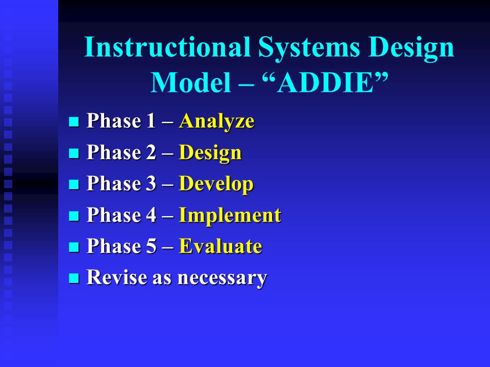 Instructional Systems Design Model – ADDIE Phase 1 – Analyze Phase 1 – Analyze Phase 2 – Design Phase 2 – Design Phase 3 – Develop Phase 3 – Develop Phase 4 – Implement Phase 4 – Implement Phase 5 – Evaluate Phase 5 – Evaluate Revise as necessary Revise as necessary