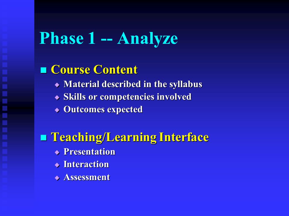 Phase 1 -- Analyze Course Content Course Content  Material described in the syllabus  Skills or competencies involved  Outcomes expected Teaching/Learning Interface Teaching/Learning Interface  Presentation  Interaction  Assessment