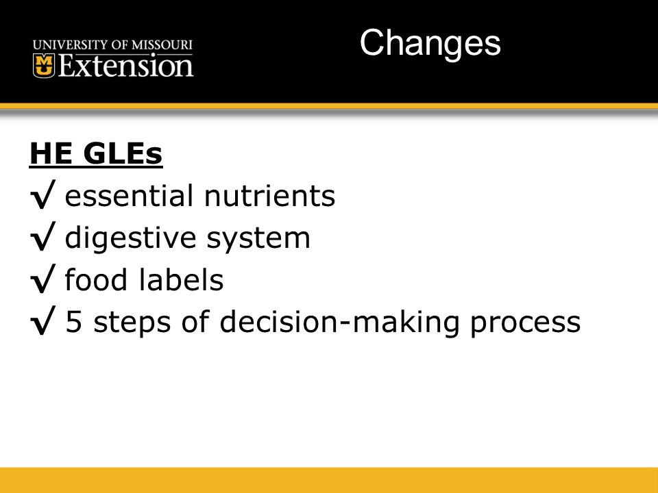 Changes HE GLEs √ essential nutrients √ digestive system √ food labels √ 5 steps of decision-making process