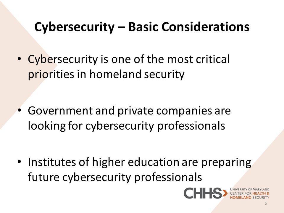 Cybersecurity – Basic Considerations Cybersecurity is one of the most critical priorities in homeland security Government and private companies are looking for cybersecurity professionals Institutes of higher education are preparing future cybersecurity professionals 5