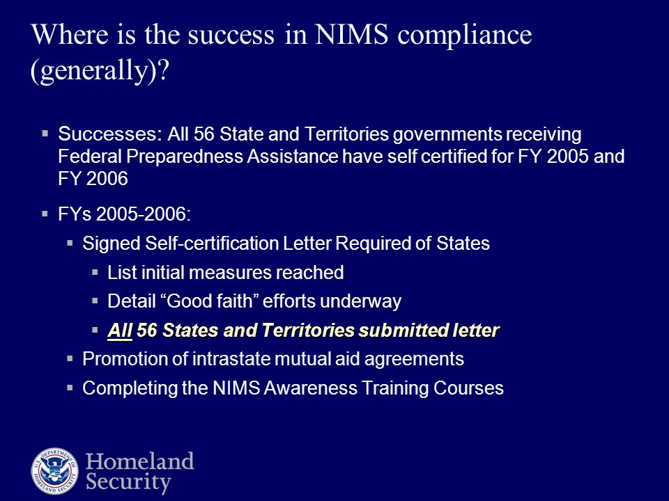 Where is the success in NIMS compliance (generally).