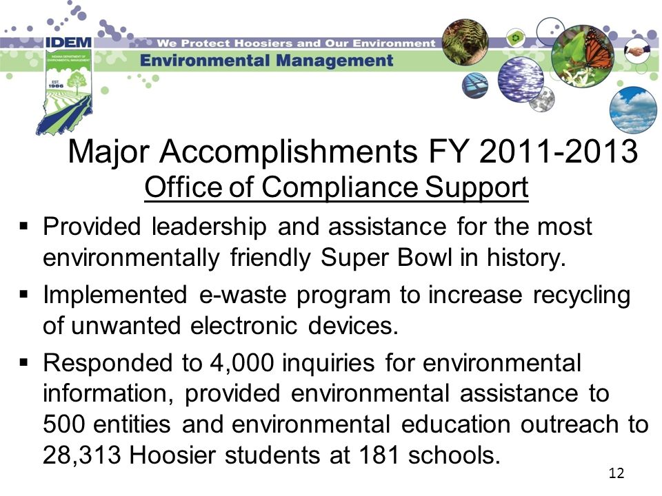 12 Major Accomplishments FY Office of Compliance Support  Provided leadership and assistance for the most environmentally friendly Super Bowl in history.