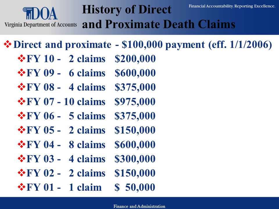 Finance and Administration History of Direct and Proximate Death Claims  Direct and proximate - $100,000 payment (eff.