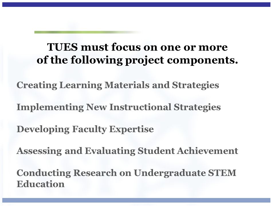 TUES must focus on one or more of the following project components.