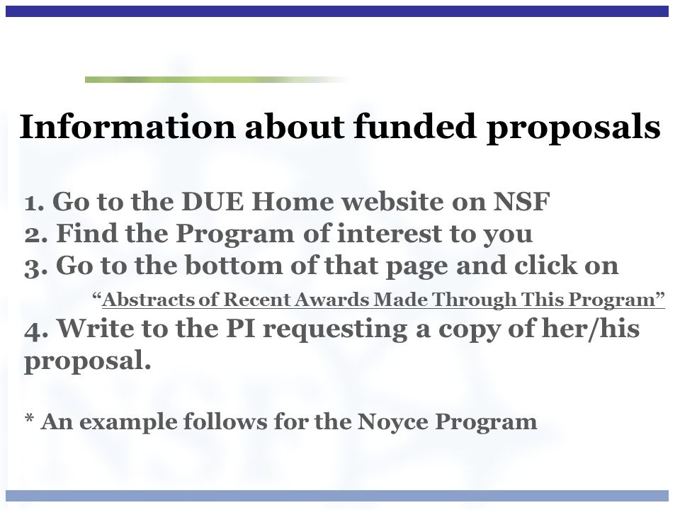 Information about funded proposals 1. Go to the DUE Home website on NSF 2.