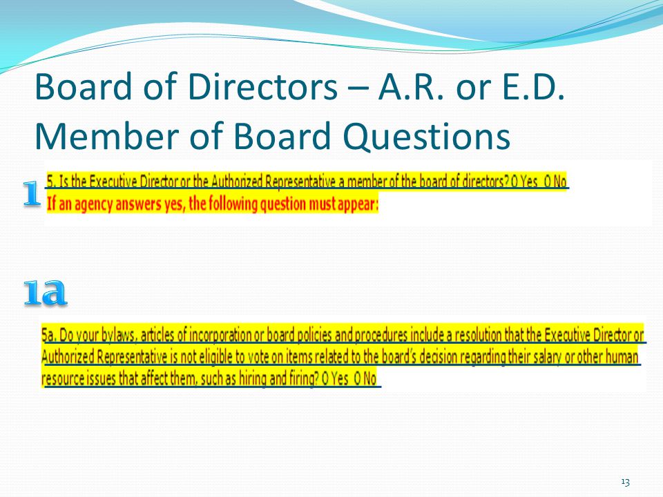 Board of Directors – A.R. or E.D. Member of Board Questions 13