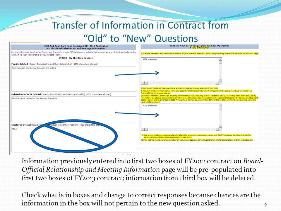 Transfer of Information in Contract from Old to New Questions 9 Information previously entered into first two boxes of FY2012 contract on Board- Official Relationship and Meeting Information page will be pre-populated into first two boxes of FY2013 contract; information from third box will be deleted.