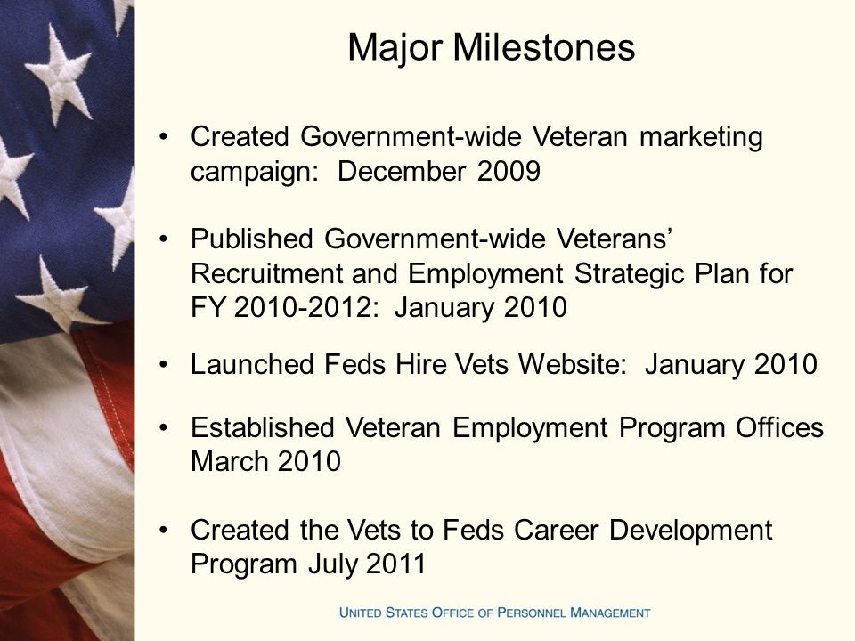 Major Milestones Created Government-wide Veteran marketing campaign: December 2009 Published Government-wide Veterans’ Recruitment and Employment Strategic Plan for FY : January 2010 Launched Feds Hire Vets Website: January 2010 Established Veteran Employment Program Offices March 2010 Created the Vets to Feds Career Development Program July 2011