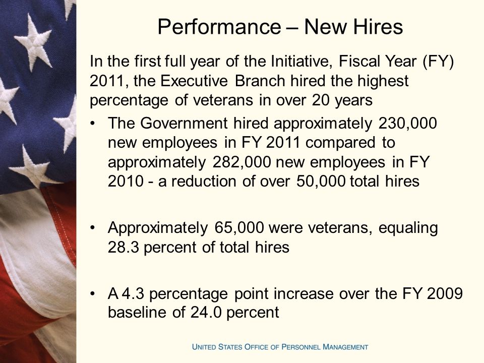 Performance – New Hires In the first full year of the Initiative, Fiscal Year (FY) 2011, the Executive Branch hired the highest percentage of veterans in over 20 years The Government hired approximately 230,000 new employees in FY 2011 compared to approximately 282,000 new employees in FY a reduction of over 50,000 total hires Approximately 65,000 were veterans, equaling 28.3 percent of total hires A 4.3 percentage point increase over the FY 2009 baseline of 24.0 percent