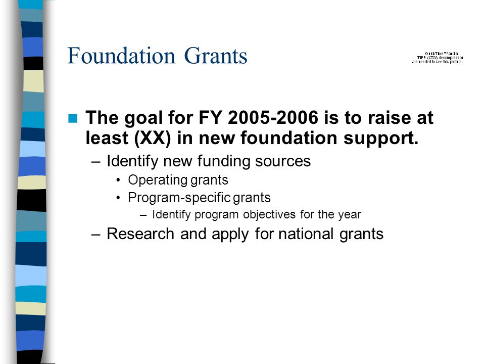 Foundation Grants The goal for FY is to raise at least (XX) in new foundation support.