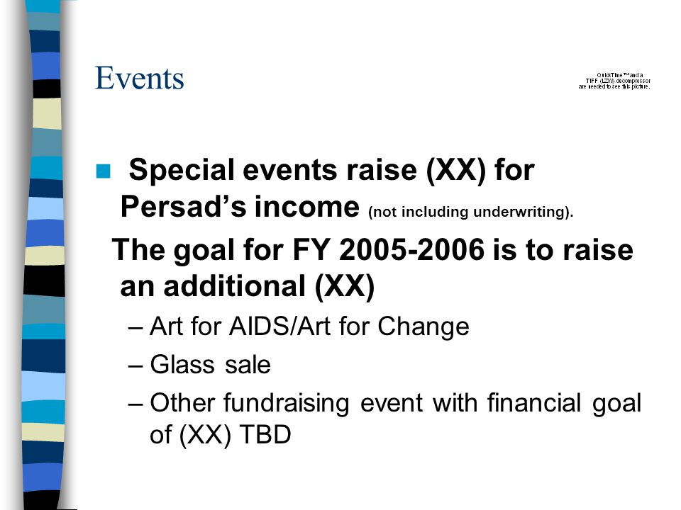Events Special events raise (XX) for Persad’s income (not including underwriting).
