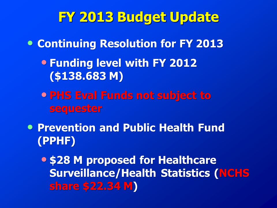 FY 2013 Budget Update Continuing Resolution for FY 2013 Continuing Resolution for FY 2013 Funding level with FY 2012 ($ M) Funding level with FY 2012 ($ M) PHS Eval Funds not subject to sequester PHS Eval Funds not subject to sequester Prevention and Public Health Fund (PPHF) Prevention and Public Health Fund (PPHF) $28 M proposed for Healthcare Surveillance/Health Statistics (NCHS share $22.34 M) $28 M proposed for Healthcare Surveillance/Health Statistics (NCHS share $22.34 M)