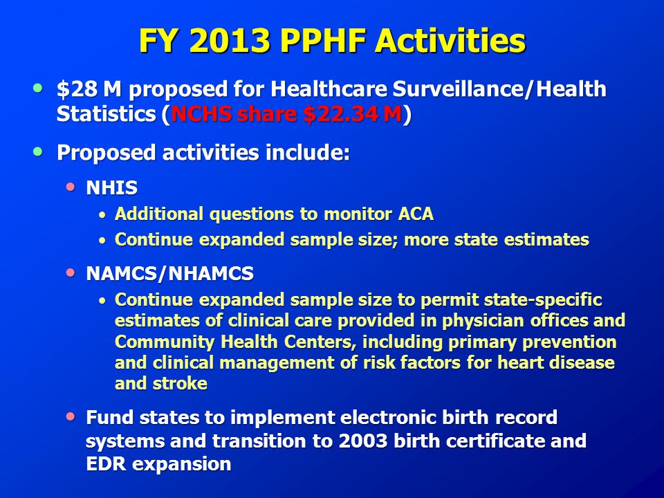 FY 2013 PPHF Activities $28 M proposed for Healthcare Surveillance/Health Statistics (NCHS share $22.34 M) $28 M proposed for Healthcare Surveillance/Health Statistics (NCHS share $22.34 M) Proposed activities include: Proposed activities include: NHIS NHIS Additional questions to monitor ACAAdditional questions to monitor ACA Continue expanded sample size; more state estimatesContinue expanded sample size; more state estimates NAMCS/NHAMCS NAMCS/NHAMCS Continue expanded sample size to permit state-specific estimates of clinical care provided in physician offices and Community Health Centers, including primary prevention and clinical management of risk factors for heart disease and strokeContinue expanded sample size to permit state-specific estimates of clinical care provided in physician offices and Community Health Centers, including primary prevention and clinical management of risk factors for heart disease and stroke Fund states to implement electronic birth record systems and transition to 2003 birth certificate and EDR expansion Fund states to implement electronic birth record systems and transition to 2003 birth certificate and EDR expansion