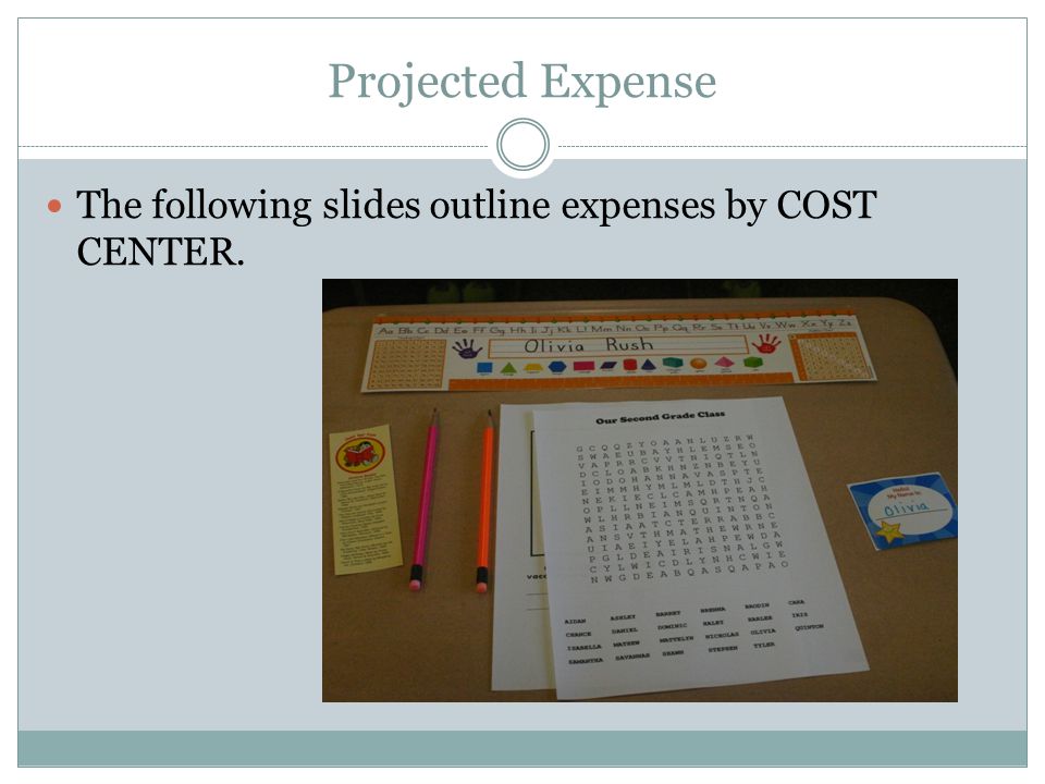 Projected Expense The following slides outline expenses by COST CENTER.