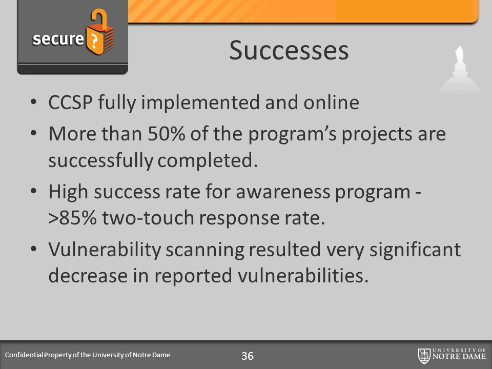 Confidential Property of the University of Notre Dame Successes CCSP fully implemented and online More than 50% of the program’s projects are successfully completed.