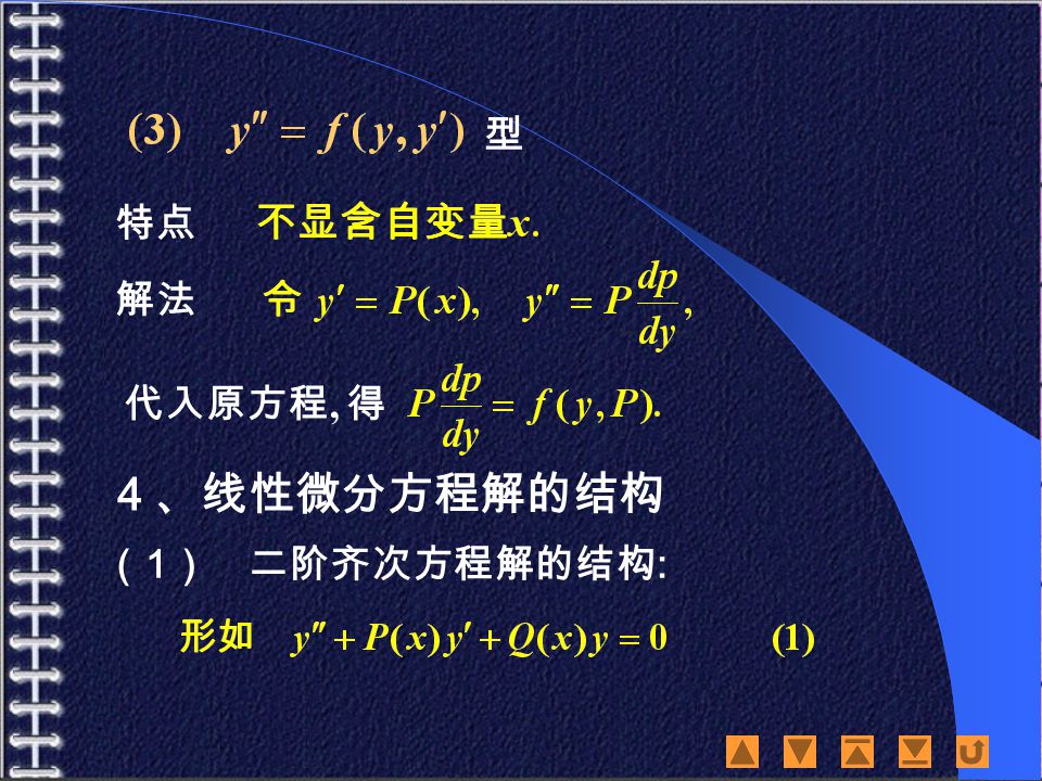特点 型 解法 代入原方程, 得 ４、线性微分方程解的结构 （ 1 ） 二阶齐次方程解的结构 :