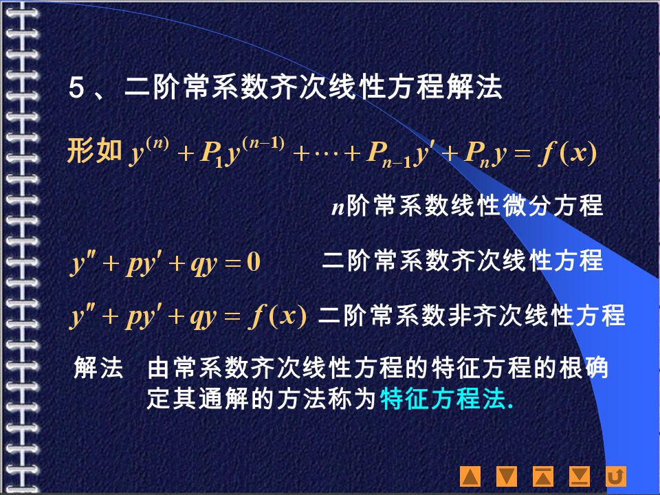 ５、二阶常系数齐次线性方程解法 n 阶常系数线性微分方程 二阶常系数齐次线性方程 二阶常系数非齐次线性方程 解法由常系数齐次线性方程的特征方程的根确 定其通解的方法称为特征方程法.