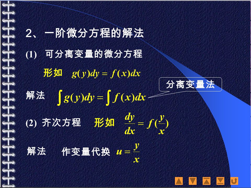 (1) 可分离变量的微分方程 解法 分离变量法 2 、一阶微分方程的解法 (2) 齐次方程 解法 作变量代换