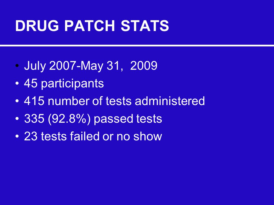 DRUG PATCH STATS July 2007-May 31, participants 415 number of tests administered 335 (92.8%) passed tests 23 tests failed or no show
