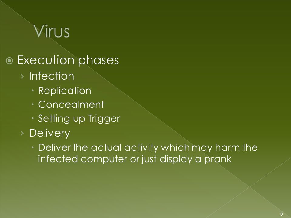  Execution phases › Infection  Replication  Concealment  Setting up Trigger › Delivery  Deliver the actual activity which may harm the infected computer or just display a prank 5