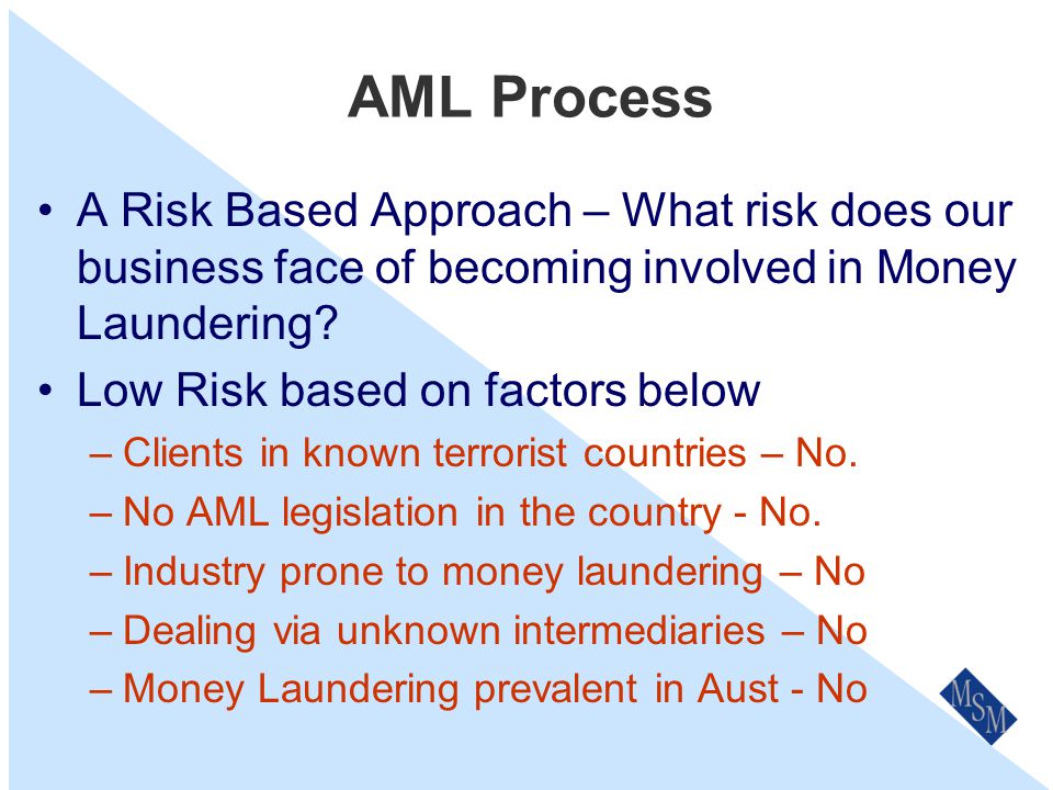 Anti Money Laundering (AML)AML Legislation Enacted around the world The two most relevant for our business are Australia & UK.