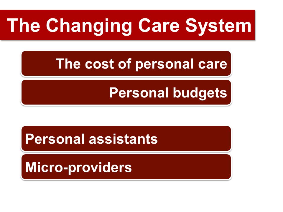 The Changing Care System The cost of personal care Personal assistants Personal budgets Micro-providers