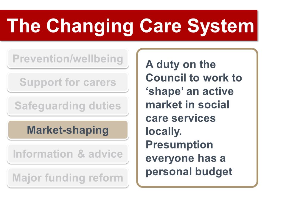 The Changing Care System Prevention/wellbeing Support for carers Safeguarding duties Market-shaping Information & advice Major funding reform A duty on the Council to work to ‘shape’ an active market in social care services locally.