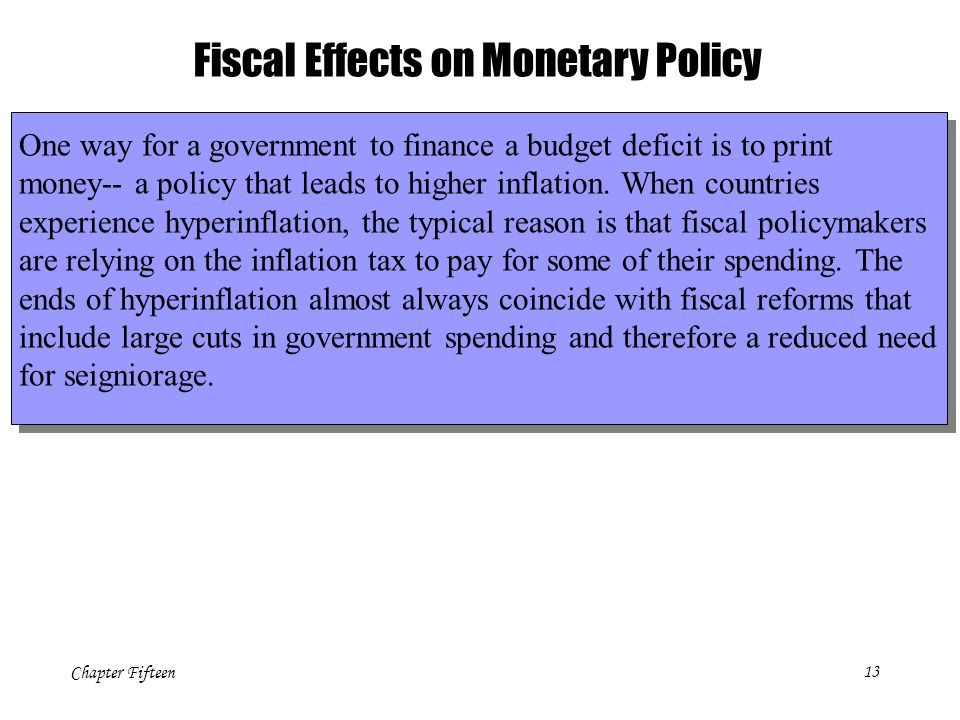 Chapter Fifteen13 Fiscal Effects on Monetary Policy One way for a government to finance a budget deficit is to print money-- a policy that leads to higher inflation.