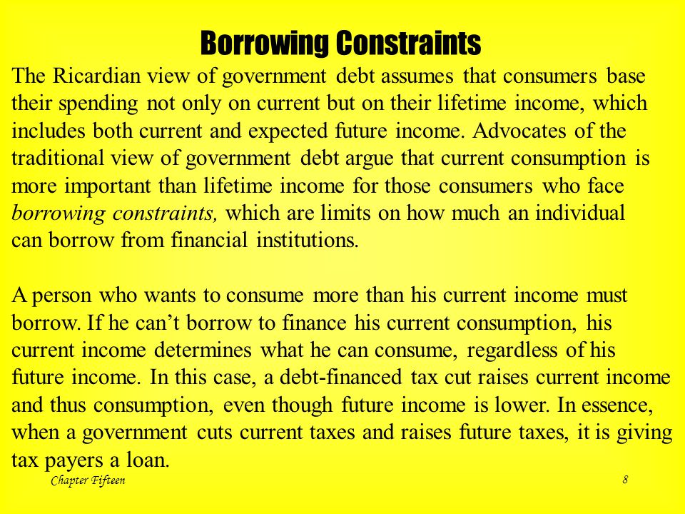 Chapter Fifteen8 Borrowing Constraints The Ricardian view of government debt assumes that consumers base their spending not only on current but on their lifetime income, which includes both current and expected future income.