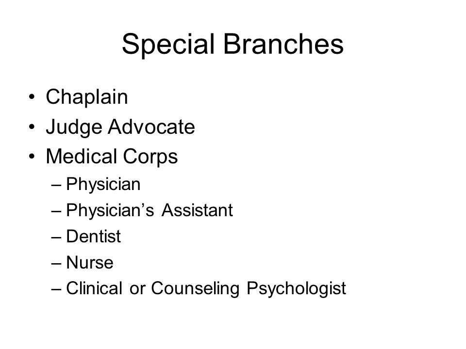 Special Branches Chaplain Judge Advocate Medical Corps –Physician –Physician’s Assistant –Dentist –Nurse –Clinical or Counseling Psychologist