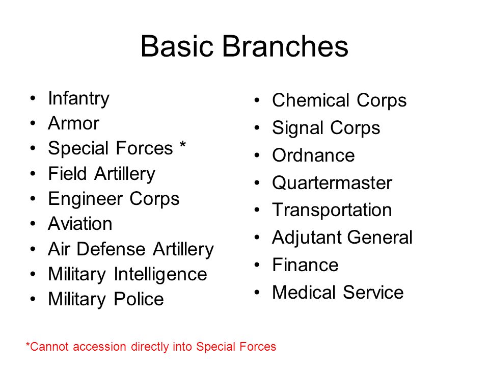 Basic Branches Infantry Armor Special Forces * Field Artillery Engineer Corps Aviation Air Defense Artillery Military Intelligence Military Police Chemical Corps Signal Corps Ordnance Quartermaster Transportation Adjutant General Finance Medical Service *Cannot accession directly into Special Forces