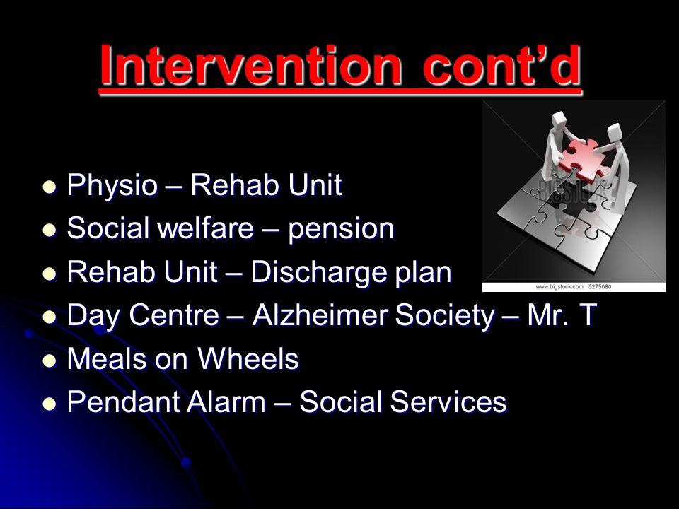 Intervention cont’d Physio – Rehab Unit Physio – Rehab Unit Social welfare – pension Social welfare – pension Rehab Unit – Discharge plan Rehab Unit – Discharge plan Day Centre – Alzheimer Society – Mr.