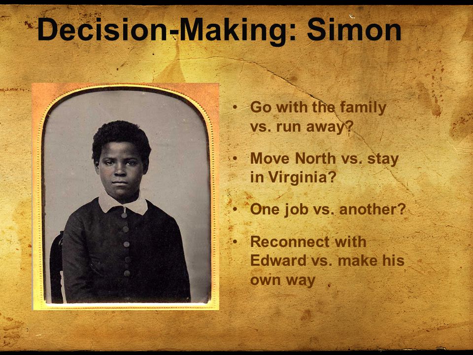 Decision-Making: Simon Go with the family vs. run away.