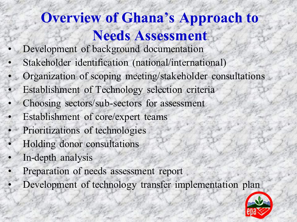 Overview of Ghana’s Approach to Needs Assessment Development of background documentation Stakeholder identification (national/international) Organization of scoping meeting/stakeholder consultations Establishment of Technology selection criteria Choosing sectors/sub-sectors for assessment Establishment of core/expert teams Prioritizations of technologies Holding donor consultations In-depth analysis Preparation of needs assessment report Development of technology transfer implementation plan