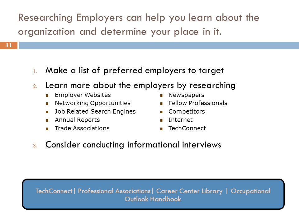 Researching Employers can help you learn about the organization and determine your place in it.