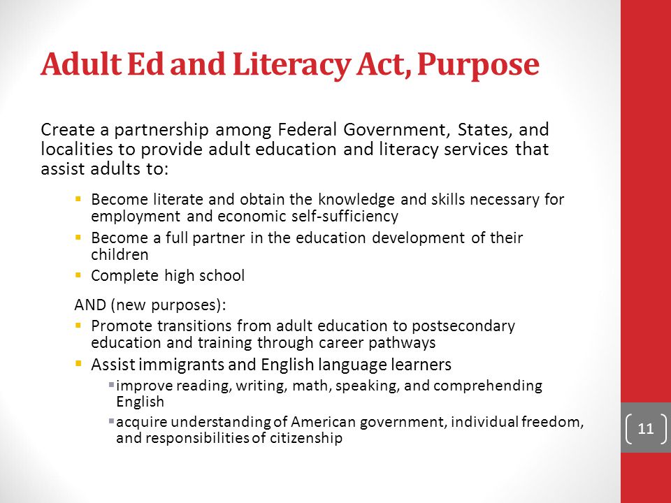 Adult Ed and Literacy Act, Purpose Create a partnership among Federal Government, States, and localities to provide adult education and literacy services that assist adults to:  Become literate and obtain the knowledge and skills necessary for employment and economic self-sufficiency  Become a full partner in the education development of their children  Complete high school AND (new purposes):  Promote transitions from adult education to postsecondary education and training through career pathways  Assist immigrants and English language learners  improve reading, writing, math, speaking, and comprehending English  acquire understanding of American government, individual freedom, and responsibilities of citizenship 11